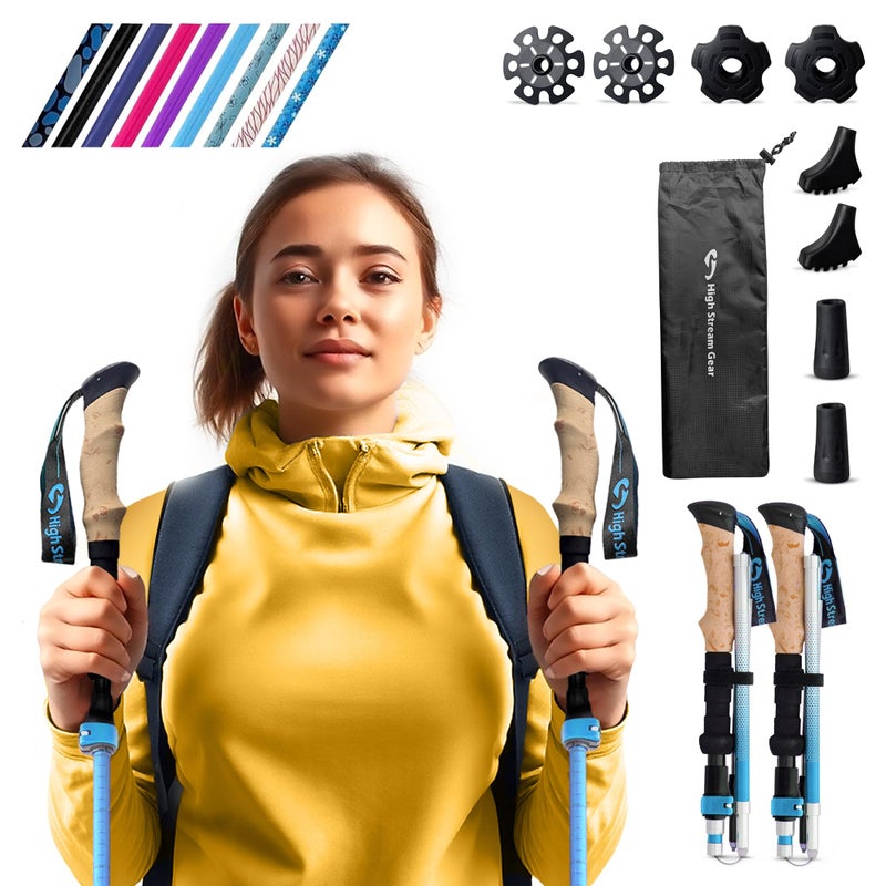 High Stream Gear Walking Sticks for Women - 14.5" Foldable Hiking Poles for Backpacking, Exercising and Traveling, Set of 2 Aluminum Nordic Collapsible Trekking Poles (Light Blue, 100-120cm) - Image 1